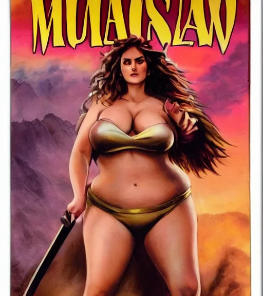 Image similar to 1 9 8 0 s fantasy novel book cover, bbw plus size amazonian emma watson in extremely tight bikini armor wielding a cartoonishly large sword, exaggerated body features, dark and smoky background, low quality print