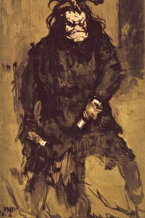 Image similar to portrait of a grumpy orc barbarian by walter sickert, john singer sargent, and william open