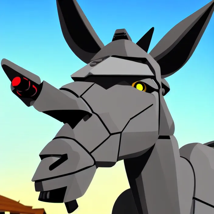 Image similar to evil robotic donkey is heroically looking into the camera blurry background 2 d digital vector art highly realistic highly detailed medium shot low angle