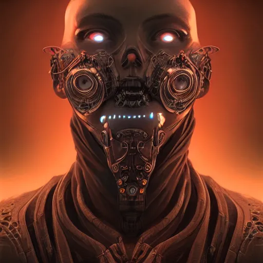 Prompt: a hyperrealistic 3 d render of a cyberpunk - necromancer by artgerm, beksinski and geiger. intricate details. believable eyes. head and shoulders. front on, symmetrical. epic fantasy art.