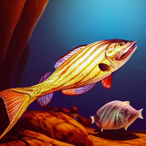 Prompt: still photo of fish, highly detailed, photorealistic portrait, bright studio setting, studio lighting, crisp quality and light reflections, unreal engine 5 quality render