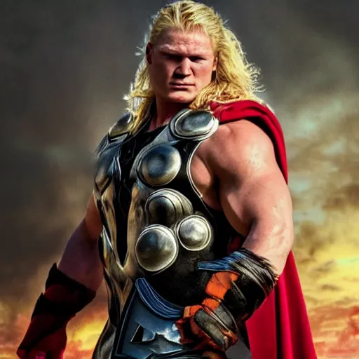 Image similar to brock lesnar as thor odinson, artstation hall of fame gallery, editors choice, #1 digital painting of all time, most beautiful image ever created, emotionally evocative, greatest art ever made, lifetime achievement magnum opus masterpiece, the most amazing breathtaking image with the deepest message ever painted, a thing of beauty beyond imagination or words, 4k, highly detailed, cinematic lighting