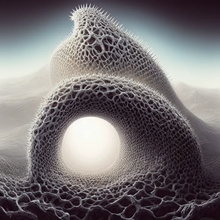 Image similar to surreal portrait of white demon covered with ribbed white spiky spiral crooked fractals, in wastelands on white exoplanet, baroque portrait painting, beautiful intricate insanely detailed octane render, artstation, 8 k artistic harsh flash photography, photorealistic, volumetric perfect light, chiaroscuro, raphael, caravaggio, beksinski, rutkowski, giger