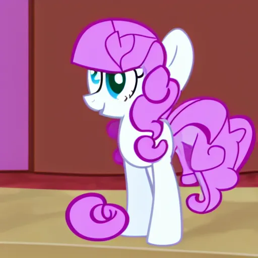 Prompt: Sweetie Belle from My Little Pony: Friendship is Magic, smiling at the user, Pony in reallife, CGI Hyperrealistic Pony sitting in my living room