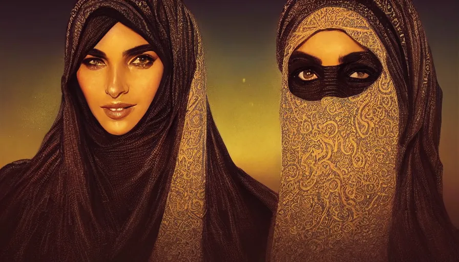 Image similar to Portrait of very very very very very very beautiful Arab woman wearing a Niqab, glowing magical eyes, energy trails, under giant full moon in the desert, intricate, elegant, highly detailed, digital painting, artstation, concept art, smooth, sharp focus, illustration, art by artgerm and greg rutkowski and alphonse mucha