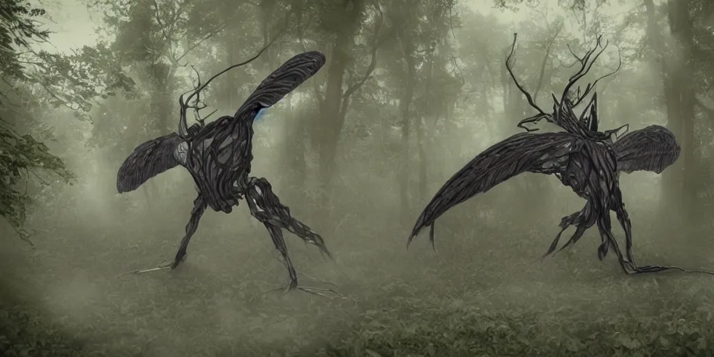 Prompt: Man-Moth hybrid wings for arms in a forest filled with fog off in the distance looking back at the camera, hyper detailed