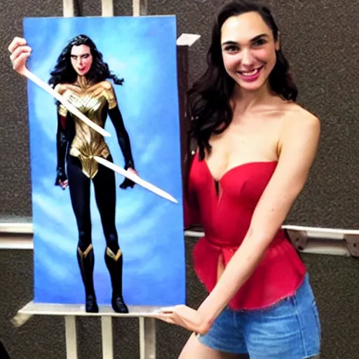 Image similar to Gal Gadot holding a sign that says M!I! T! C! H! I! E! P! O! O! !!!! as painted by Ralph Horsley