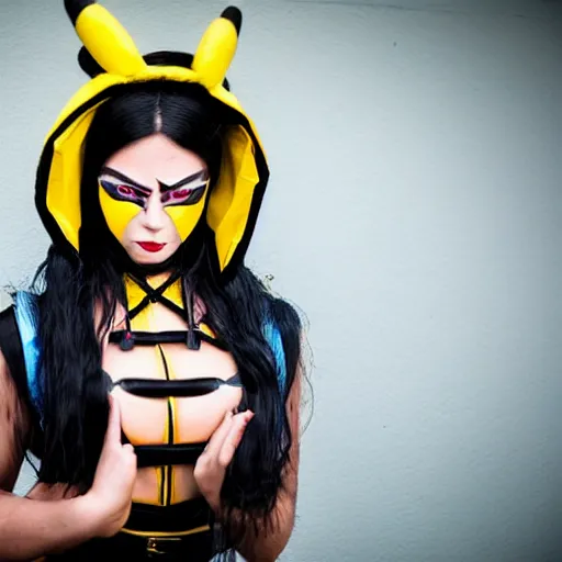 Prompt: woman dressed up as mortal kombat pikachu, cosplay, fashion portrait by Bruce Webber