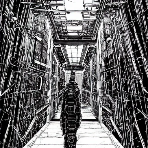 Image similar to ominous space station hallway by tsutomu nihei, inked, minute details, desolation, hyper realistic, cosmic horror, biomechanical, beautiful