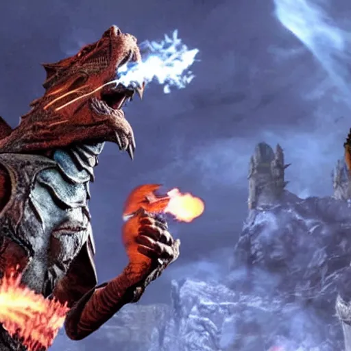 Prompt: photo of a khajit, in skyrim, with a dragon spitting fire, and a wizard firing lighting bolts