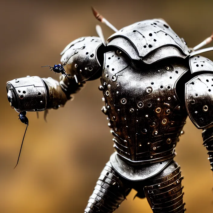 Image similar to photo of a warrior with metal ant themed armour, highly detailed, 4 k, hdr, smooth, sharp focus, high resolution, award - winning photo