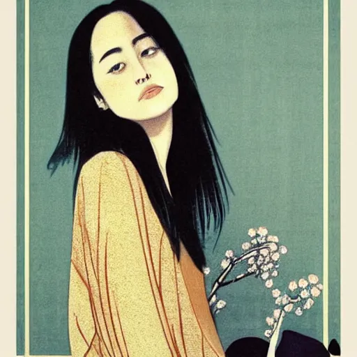 Prompt: “ dakota johnson portrait by ikenaga yasunari and ayana otake and ko rakusui, 6 0 s poster, drawing, realistic, sharp focus, japanese, dreamy, nostalgia, faded, golden hues, floral clothes, porcelain skin ”