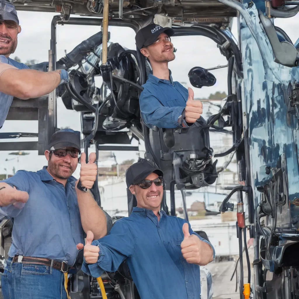 Image similar to truck driver at a truck stop giving thumbs up while pumping fuel in the background