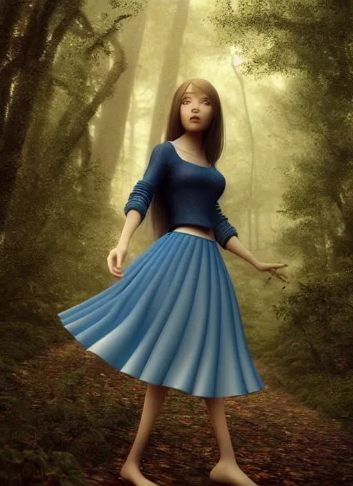 Prompt: young woman walking short blue skirt : : magic raining forest nature : : weta disney pixar movie still photo : : decadent highly - detailed digital painting, full length shot, golden ratio, octane render, artstation, smooth, sharp focus, artgerm, mucha, loish, wlop, gogo