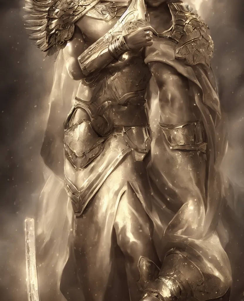 Prompt: male divine androgynous gorgeous, with a white gold high angelic armor, dark epic, roman toga, cinematic lighting, heaven background, concept art, highly detailed, photorealistic, 4 k