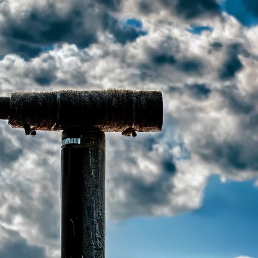 Prompt: a beautiful 8k closeup photo of an electrical pole with fluffy diffused clouds in the background