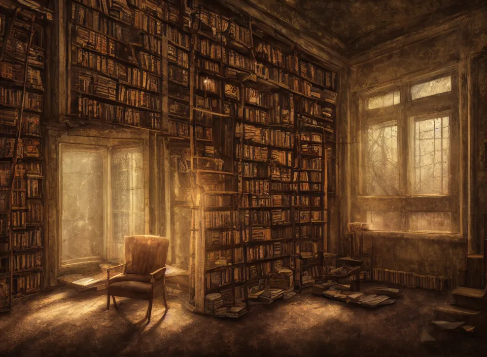 Prompt: an abandoned cozy library, fantasy setting, dusty environment, serene lighting, atmospheric, cinematic, moody, in the style of diego koi, gina heyer, luiz escanuela, art by alyssa monk, hyperrealism, rule of thirds, golden ratio, oil on canvas, 8 k