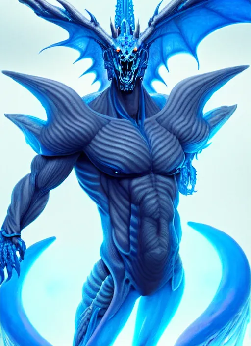 Image similar to muscular and tall blue ghostly fire humanoid dragon!!!! draconian!! intricate ornate iridescent exoesqueleton!! character concept art, sharp focus, octane render! unreal engine 5! highly rendered!! trending on artstation!! detailed linework!! illustration by artgerm, wlop, and chie yoshii