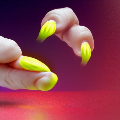 Prompt: a persons nail wriggling out of his finger, bright colors, vfx,