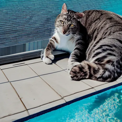 Prompt: photo of a 200 foot tall cat with incredibly long and creepy legs drinking water from a swimming pool on a building roof