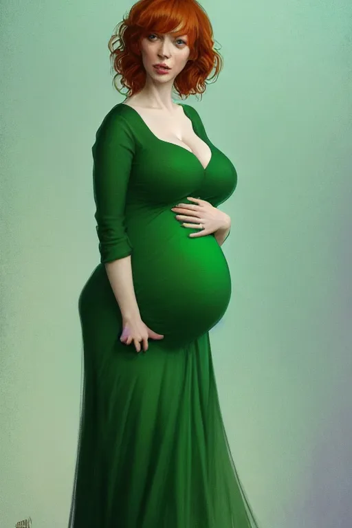 Prompt: pregnant christina hendricks in a green dress, realistic portrait, symmetrical, highly detailed, digital painting, artstation, concept art, smooth, sharp focus, illustration, cinematic lighting, art by artgerm and greg rutkowski and alphonse mucha