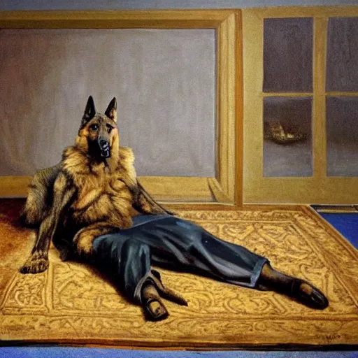 Image similar to a oil painting of a humanoid german shepherd beast - man, wearing military outfit, sitting on the carpeted floor beside a bed