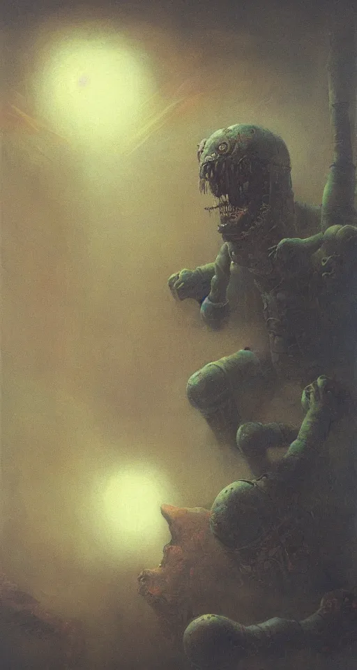 Image similar to Painting in a style of Beksinski featuring a giant robotic monster yelling in the dark, creepy, pain, suffering in the background