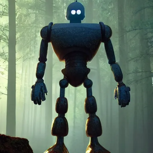 Prompt: ultra realistic and intricate detailed photograph of iron giant with his friend gold giant, 1999 pixar movie, forest, technology, innovation, bright modern style, artstation, unreal render, depth of field, ambient lighting, award winning, stunning