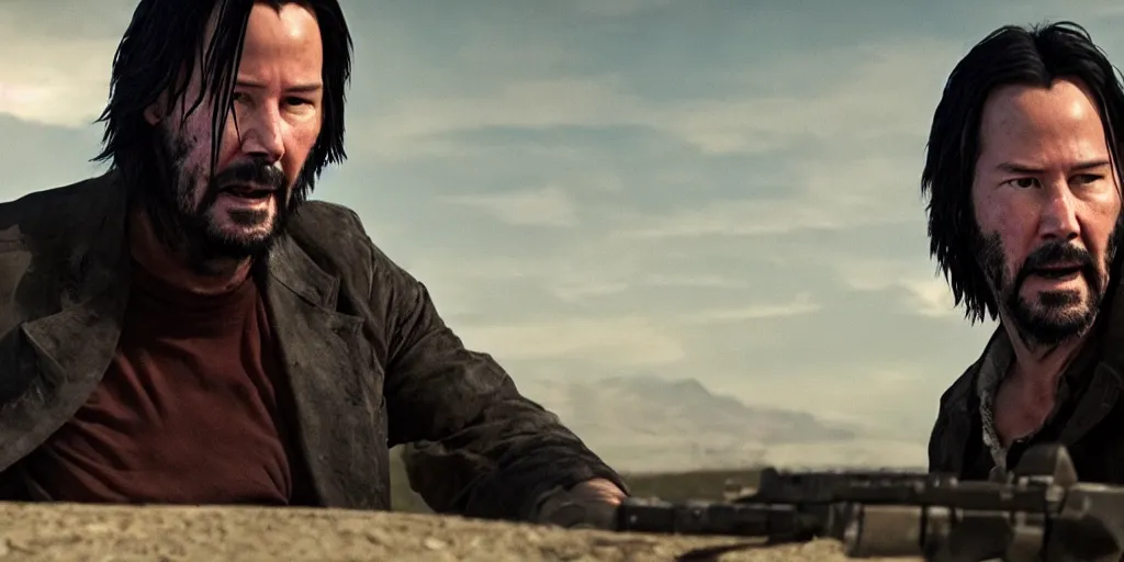 Image similar to old keanu reeves in Logan, cinematic, blood, ultrawide angle