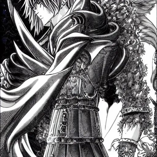 Image similar to Very detailed character design of a antagonist from a light novel by kentaro miura, eiichiro oda, masashi kishimoto