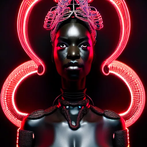 Image similar to portrait of an absurdly beautiful, graceful, sophisticated, fashionable black cyberpunk mechanoid gravure idol, hyperdetailed illustration by irakli nadar, maria borges, matt wisniewski style, intricate linework, dark black skin, neon jellyfish headdress, ivory carved ruff, unreal engine 5 highly rendered, global illumination, red light, detailed and intricate environment