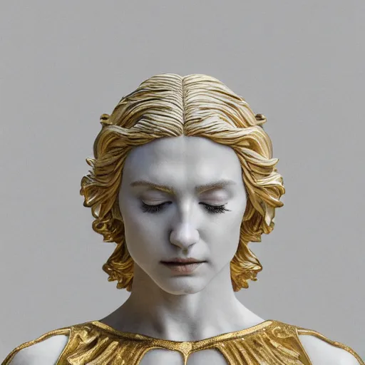 Prompt: a statue made of white marble with gold veins, of an beautiful gorgeous angel girl, full body shot, perfect symmetrical body, perfect symmetrical face, no eyes, hyper realistic, hyper detailed, fujicolor superia 1 6 0 0 photo, by peter kemp, by monia merlo, by michelangelo octane render, blender, 8 k