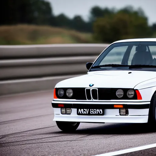 Image similar to a rolling shot of a modified bmw e 3 0 with lights on, on a street race track, motion blur, 3 0 0 mm photography, car photography, clean lines, realistic