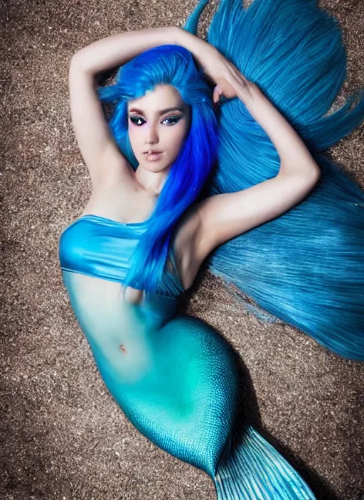 Image similar to hyper realistic fashion photography of a beautiful mermaid with blue hair, a beautiful blue tail