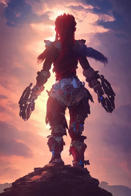 Image similar to combination suit armor aloy horizon forbidden west horizon zero dawn radiating a glowing aura global illumination ray tracing hdr fanart arstation by ian pesty and alena aenami artworks in 4 k tribal robot ninja mask helmet backpack