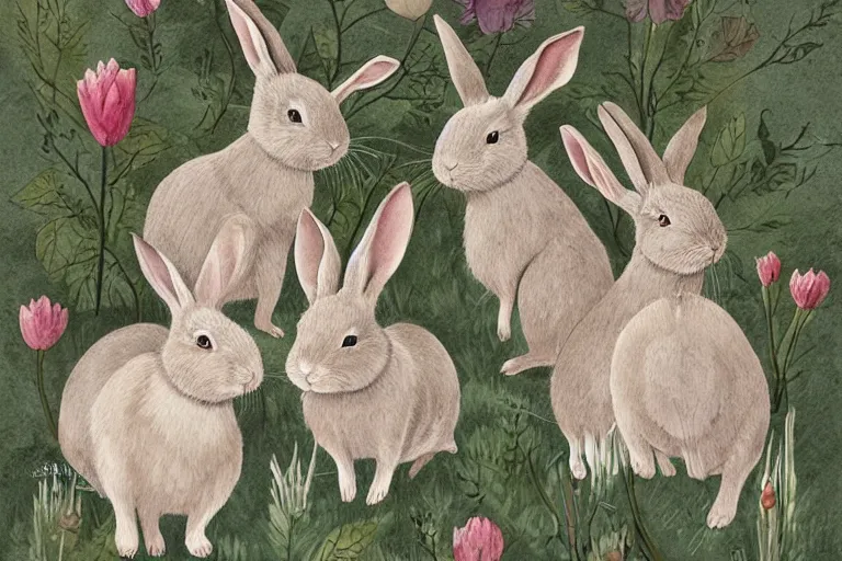 Prompt: beautiful art illustration of a group of rabbits by margherita grasso, highly detailed