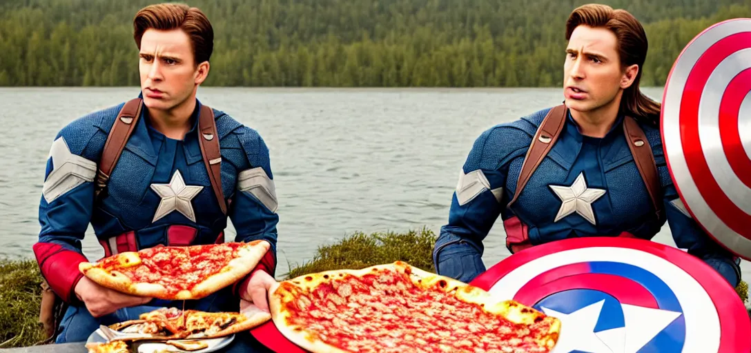 Image similar to a very high resolution image from a new movie. captain america eating pizza on a lake, photorealistic, photography, directed by wes anderson