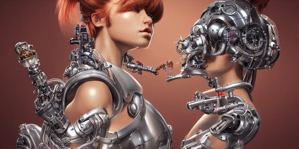 Image similar to hyperrealistic photography of a gorgeous female cyborg scientist constructing an eating machine in the style of jin kagetsu, james jean and wlop, highly detailed, masterpiece, award - winning, sharp focus, intricate concept art, ambient lighting, 8 k, artstation