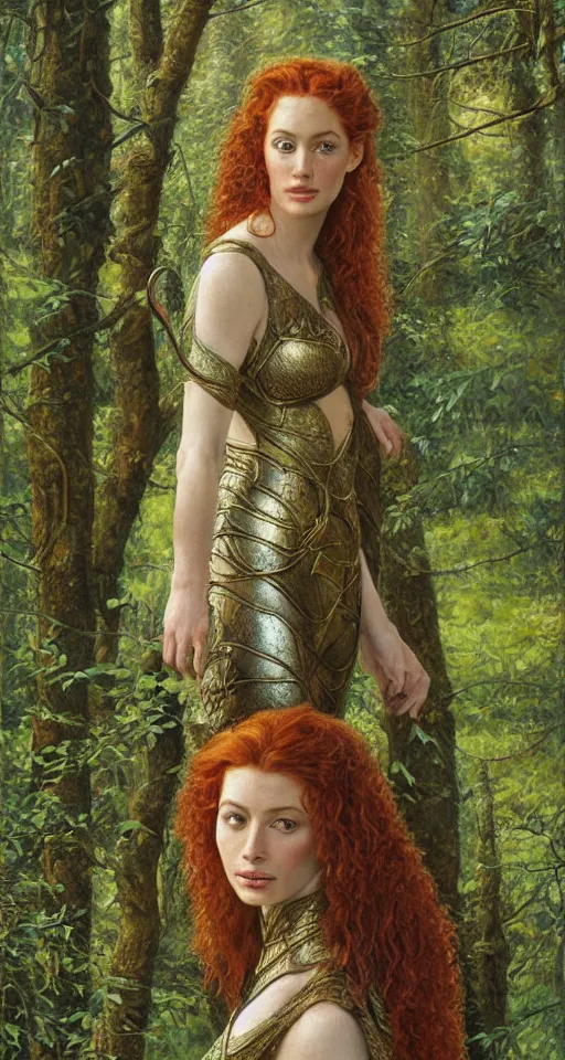 Image similar to Detailed painting of a curly redhead anne hathaway wearing elven armor in a forest landscape by Ted Nasmith