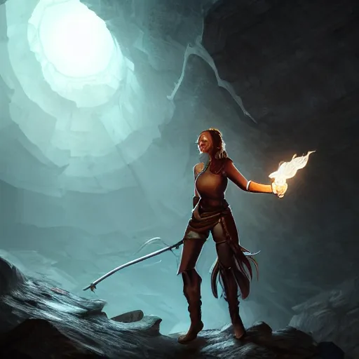 Image similar to a epic hero adventurer holding a torch in a dark cave, artgerm, realistic, cryengine, symmetric