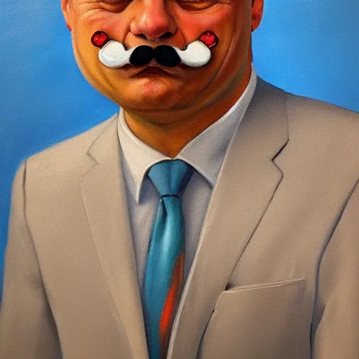 Image similar to viktor orban with a beer moustache, anatomically correct, oil painting, hyper realistic, 8 k highly detailed