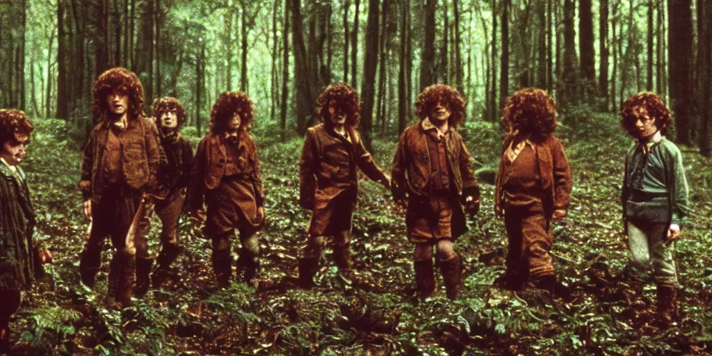 Image similar to A full color still from a Stanley Kubrick film featuring four hobbits, from behind, in a dark forest, 35mm, 1975