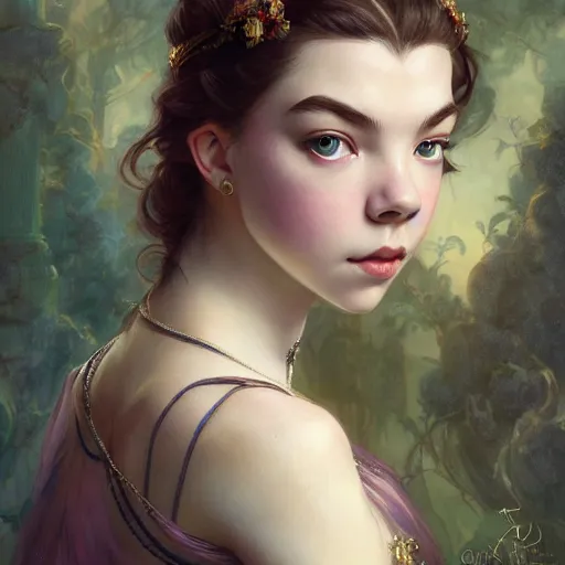 Image similar to beautiful young anya taylor - joy, closeup, d & d, fantasy, intricate, elegant, highly detailed, digital painting, artstation, concept art, matte, sharp focus, illustration, art by artgerm and greg rutkowski and alphonse mucha