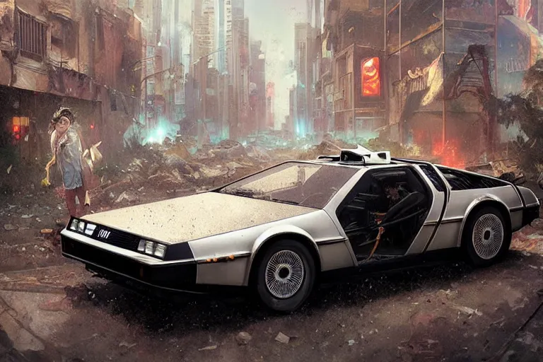 Image similar to photograph of the delorean driving down the streets of a cyberpunk abandoned city, by greg rutkowski, by stanley artgerm, by alphonse mucha