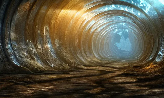 Image similar to beautiful photograph of a magical vertical cylindrical raindrop tunnel between a dried up river and the sun, highly-detailed, fantastic, dramatic lighting, artstation, 4k