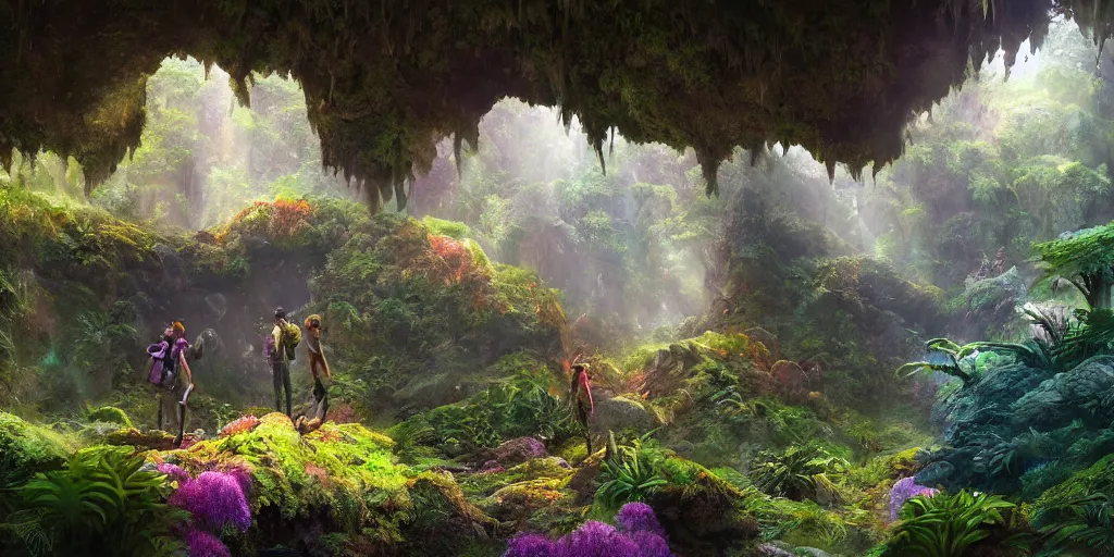 Prompt: concept art of explorers discovering an overgrown stone cave full of colorful alien plants, lush, vibrant, ecological, 3d matte painting, ephemeral, muted color palette, neutral colors, god rays, atmospheric lighting, rendered in octane