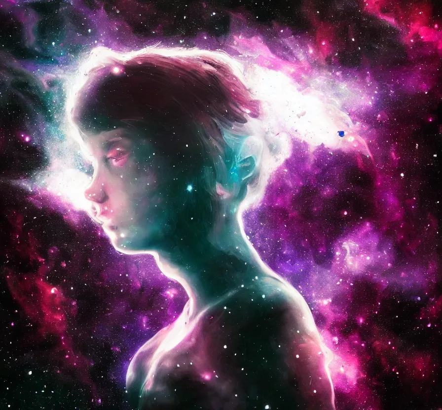 Image similar to girl smoking in space, nebula, dark colors, black hole, acrilic paint, digital, artstation, detailed, intricate ink, illustration, heavenly atmosphere, digital art, over detailed art, conceptart