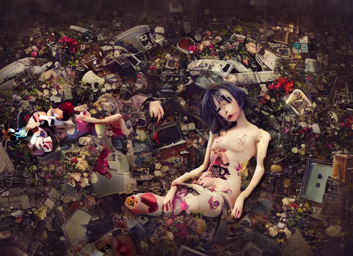 Prompt: broken toy doll with human face, a lot of dead flowers, cyberpunk junkyard, by hasui kawase, with a deep forest double exposure, cross process, high details, cinematic, 8 k resolution, beautiful detailed, insanely intricate details, hyperrealism, artstation trending, octane render, unreal engine