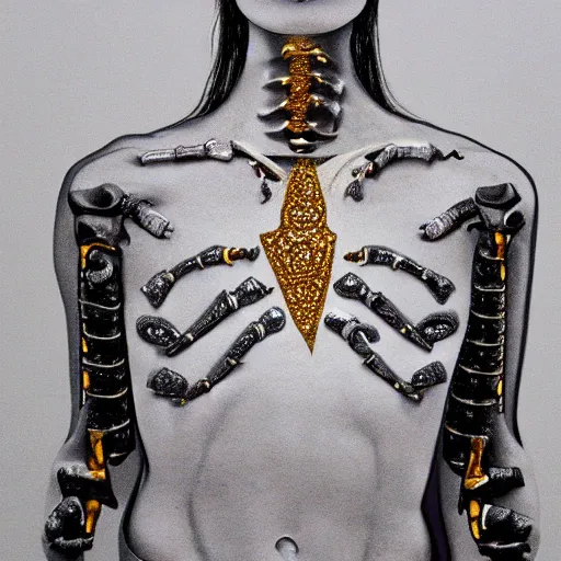 Image similar to female torso with bones made of diamonds with lightning inlaid her skin, anatomic description, gems, gold, 8k, details, studio lighting, realism, complex lights