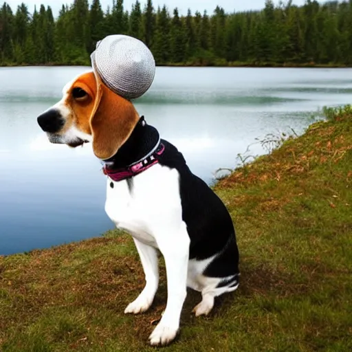 Image similar to beagle wearing a hat, posing in front of a lake